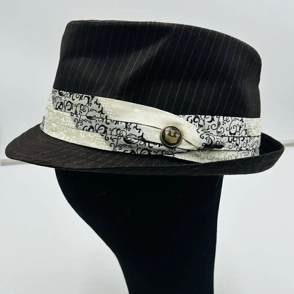 Goorin Bros Fedora Hat Cap Mens Sz M Brown Pinstripe w Satin Band Wool Blend